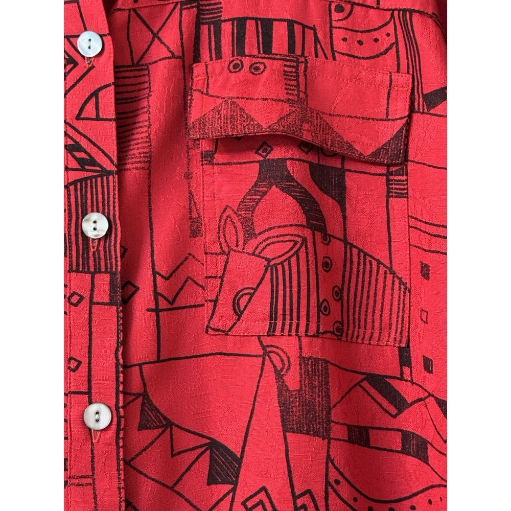 Chicos Tunic Top Size 2‎ Large 100% Silk Red & Black Art To Wear Geometric